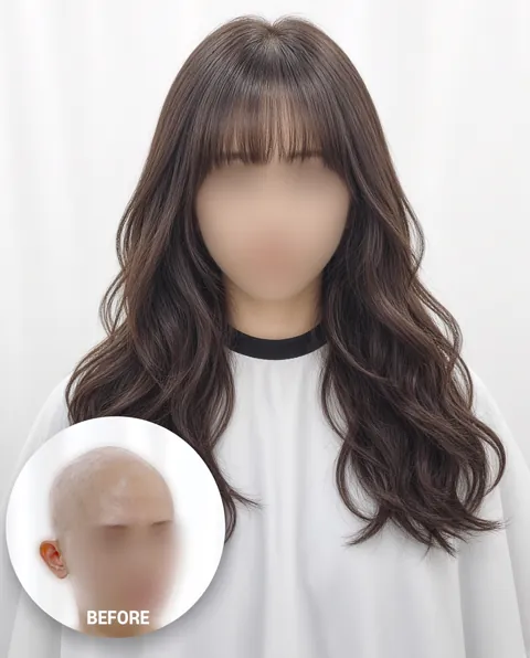 여성 긴 웨이브 스타일과 왼쪽 아래 이전 이미지